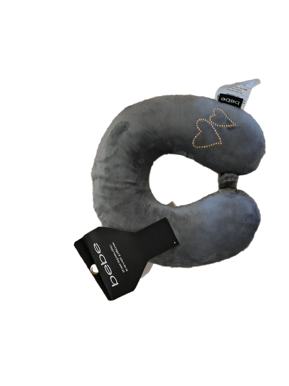 Bebe Grey Plush Travel Neck Pillow with Gold Rhinestone Hearts